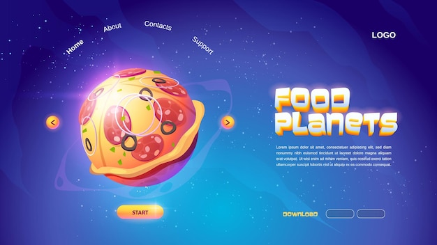 Целевая страница мультфильма food planet с пиццей в космическом пространстве