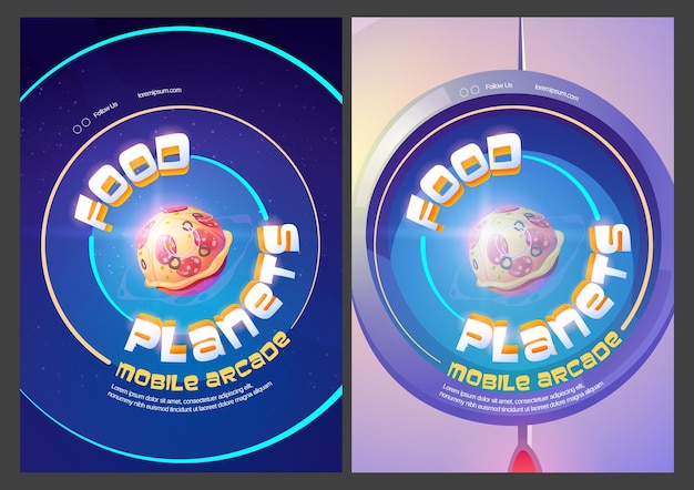 Логотипы мобильной аркадной игры food planets со сферой пиццы