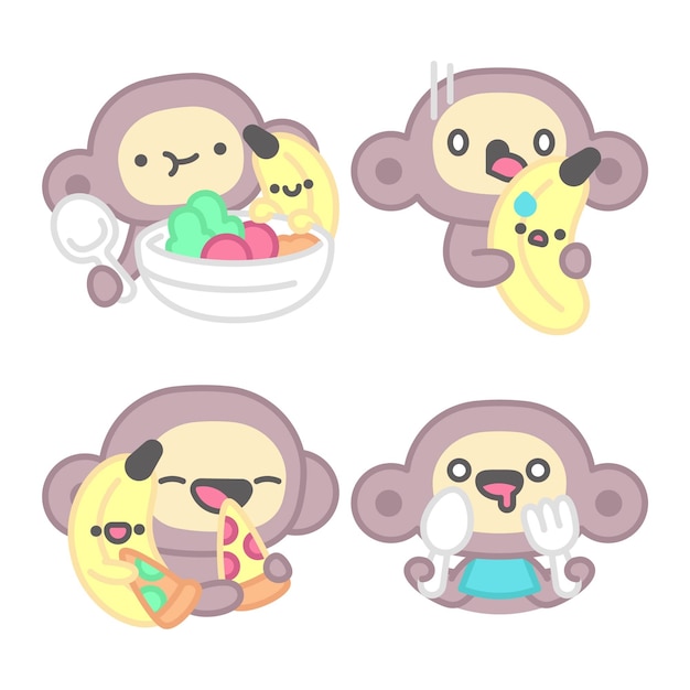 원숭이와 바나나가 있는 음식 스티커 컬렉션
