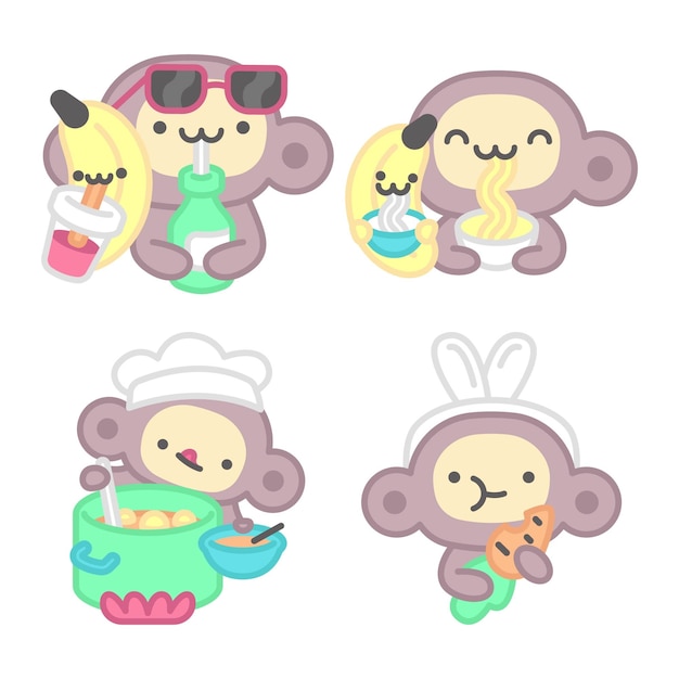 원숭이와 바나나가 있는 음식 스티커 컬렉션