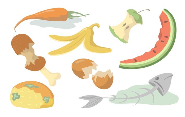 Food trash set. Rotten fruits, vegetables, meat, fish and bread organic waste isolated on shite background. Flat Illustration