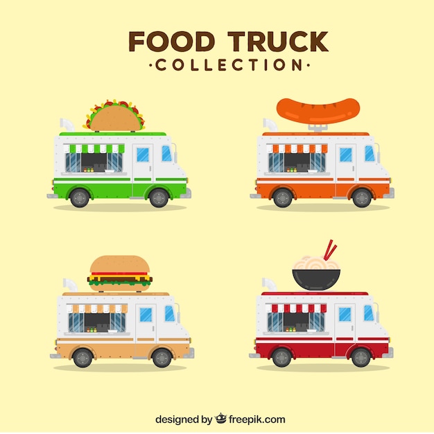 Raccolta di autocarri alimentari con alimenti moderni