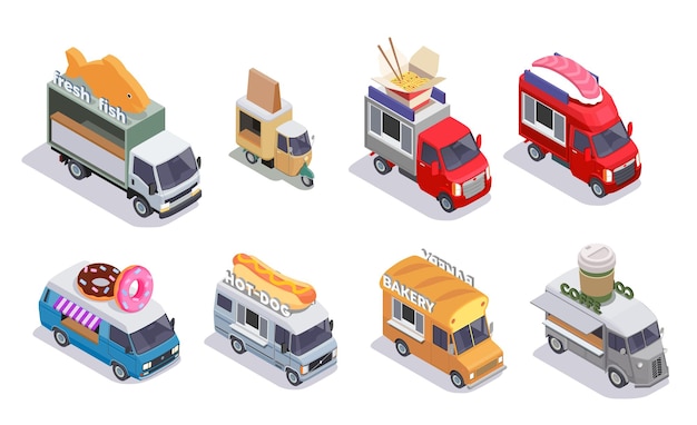 Изометрический набор продовольственных грузовиков с восемью изолированными изображениями мобильных транспортных средств ресторана быстрого питания с различной векторной иллюстрацией дизайна