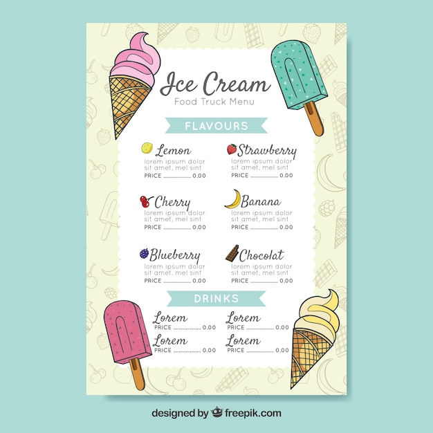 Free vector food truck menu with ice creams