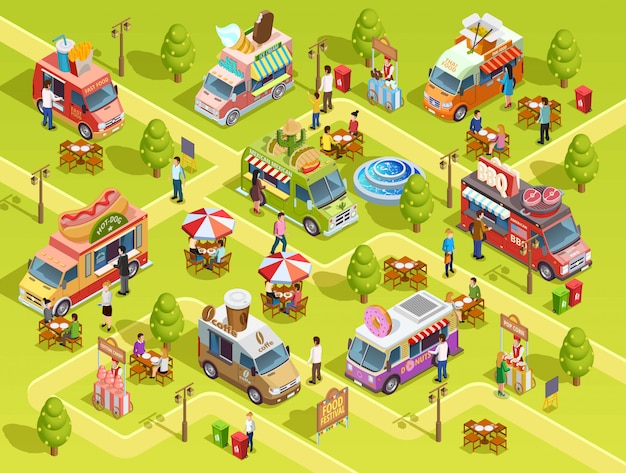 Food trucks outdoors isometric composition poster