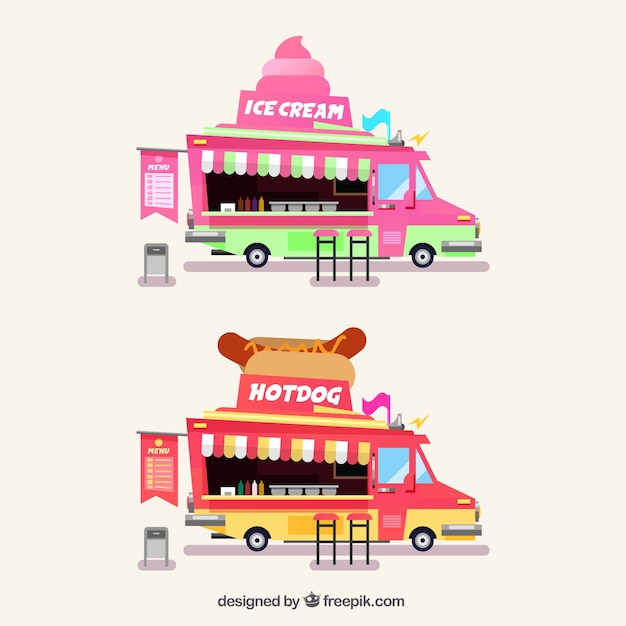 Free vector food trucks wtih ice creams and hot dogs