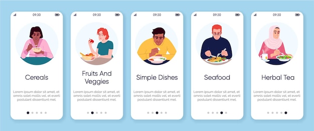 식품 유형 온보딩 모바일 앱 화면 벡터 템플릿입니다. 다양한 영양 선택, 식사 옵션은 평면 문자로 웹 사이트 단계를 안내합니다. 레스토랑 메뉴 스마트폰 만화 ux, ui, gui
