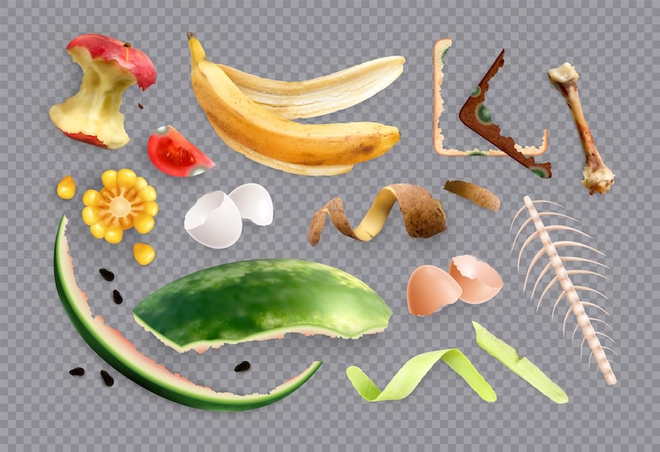 Free Vector food waste set with isolated realistic images of food scraps and organic leftovers on transparent background vector illustration