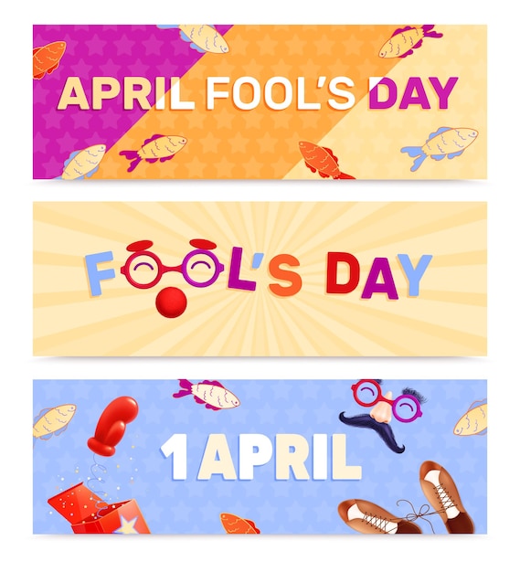 Бесплатное векторное изображение День дурака 1 апреля реалистичный набор из трех горизонтальных баннеров