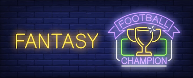 Football champion fantasy neon sign. Cup of soccer championship winner