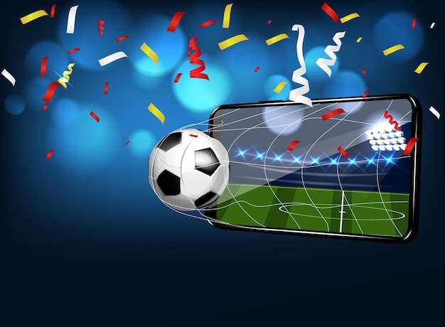 Football field on screen of smart phone and ball with spotlight and abstract glitter light on soccer