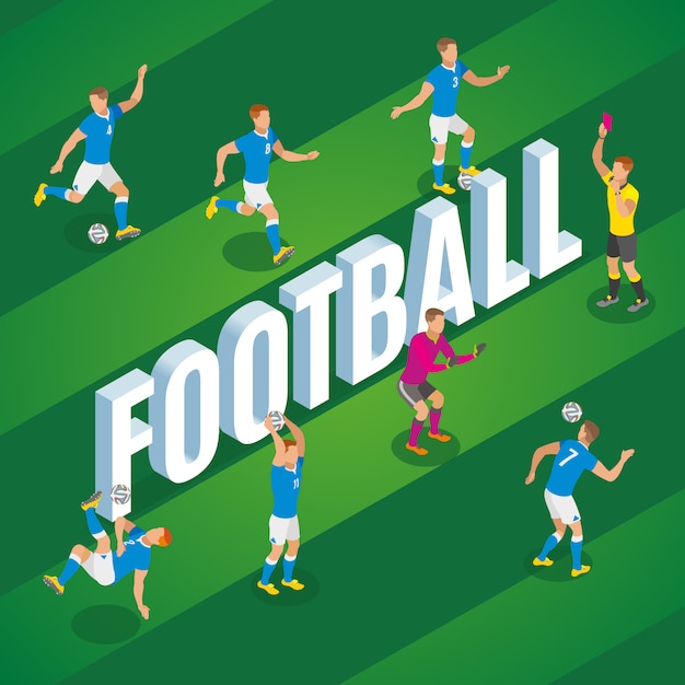無料ベクター スタジアムフィールド図にボールを蹴る動きの選手とサッカー等尺性