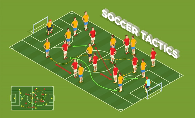 Бесплатное векторное изображение Футбол футбол изометрические состав людей с концептуальным изображением детской площадки и футболистов с красочными стрелками иллюстрации
