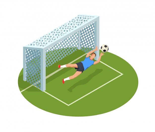 Free vector football soccer isometric people composition with images of goal cage court and human character of goalkeeper