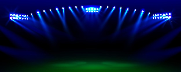 Free vector football stadium illuminated by floodlights vector realistic illustration of bright lamps shining over night soccer pitch with green grass empty sport arena ready for competition or music show