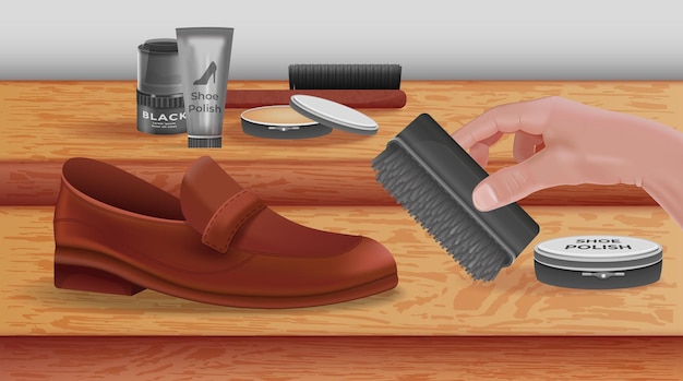 Free vector footwear care realistic composition with shoe jar and tube of polish and human hand holding brush vector illustration