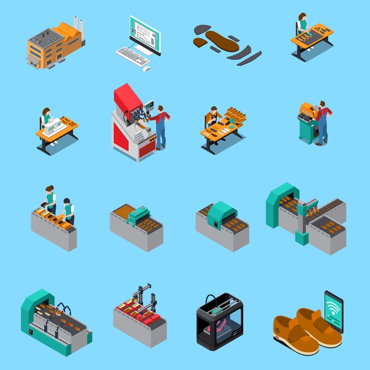 Free Vector footwear factory isometric icons set with shoes production elements