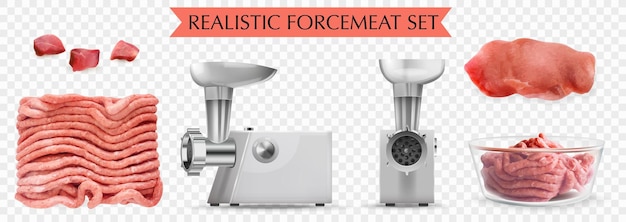 Free vector forcemeat transparent set of beef pieces minced meat and electric meat grinder realistic isolated vector illustration