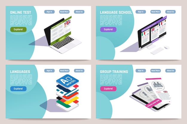 Foreign language learning concept 4 isometric web pages set