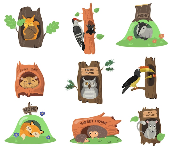 Free Vector forest animals in hollows flat illustration set. cartoon squirrel, fox, owl or bird in oak tree holes isolated vector illustration collection. house in trunk and decoration concept