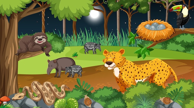 さまざまな野生動物と夜のシーンの森 Premiumベクター