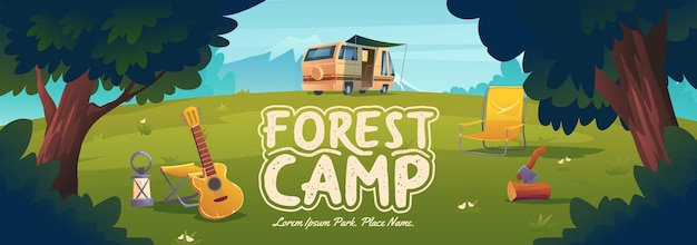 밴 의자와 여행 하이킹 및 활동 휴가의 기타 개념 숲 캠프 포스터