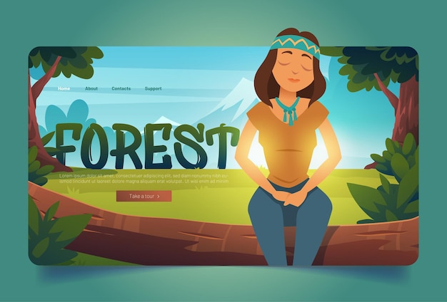 Forest cartoon landing page, woman enjoying nature, relaxed hippie girl sitting on tree log with closed eyes on beautiful mountain landscape background. summertime wood recreation, vector web banner