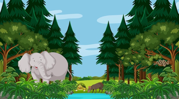 Лес днем с большим слоном и другими животными
