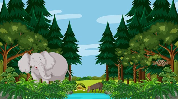 Forest at daytime scene with a big elephant and other animals