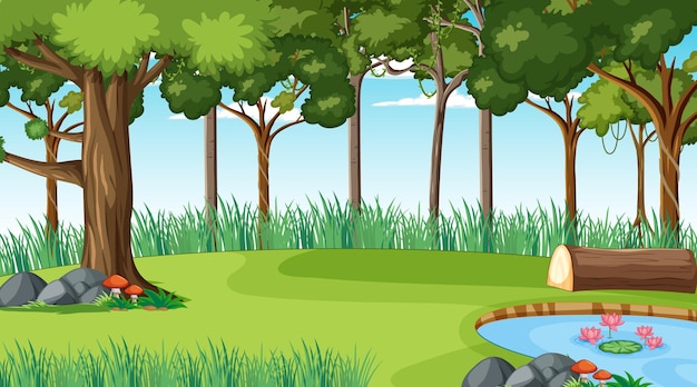 Free vector forest at daytime scene with various forest trees