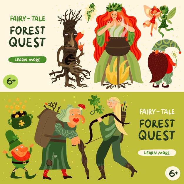 Forest fairy tale characters horizontal banners set with forest quest symbols flat isolated illustration