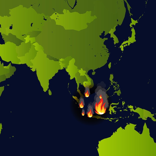 Лесные пожары баннер место пожара на карте катастрофа в индонезийской газете, которая горит, дым и Premium векторы