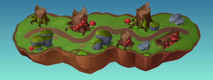 Free Vector forest game map with road among tree stump and log