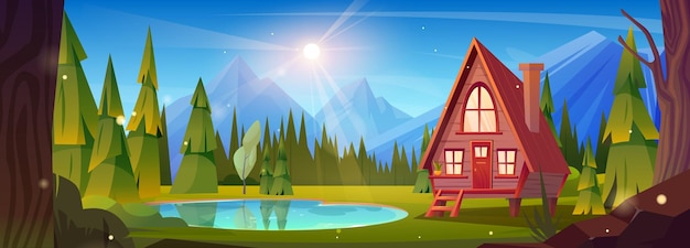 forest lake house near mountain cartoon scene