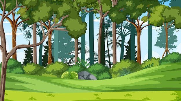 Free vector forest landscape scene at day time with many different trees