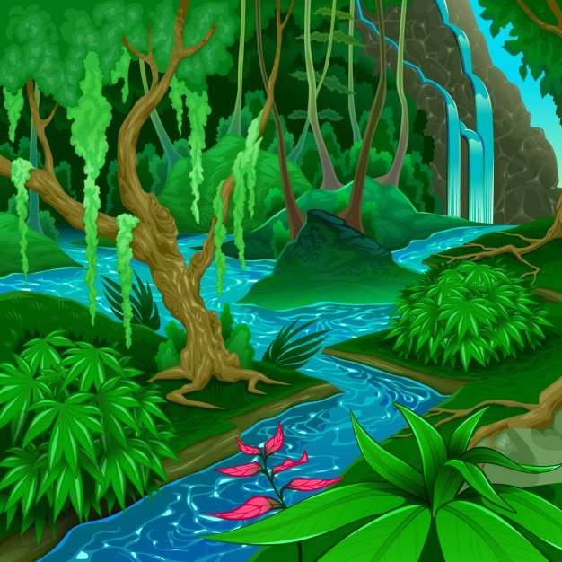 Vettore gratuito paesaggio della foresta con un fiume