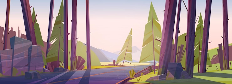 Free Vector forest landscape with road and mountains on horizon