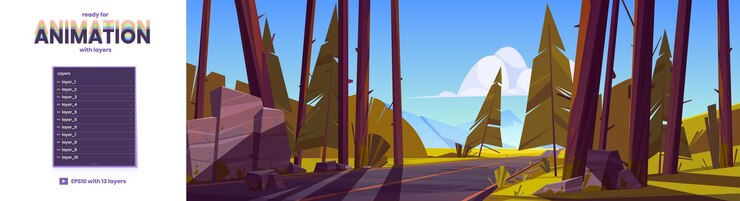 Free Vector forest landscape with road and rocks on horizon nature scene with asphalt highway coniferous trees stones and mountain valley vector illustration with layers ready for animation