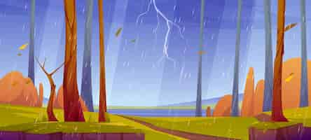 Free vector forest landscape with thunderstorm