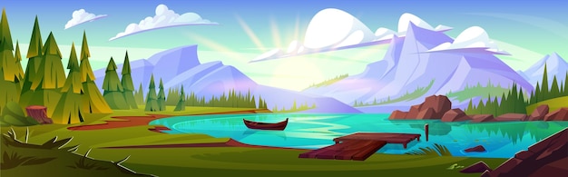 Free vector forest and mountain lake nature cartoon background beautiful summer valley landscape with pine tree sun ray wooden dock and cloud in blue sky outdoor travel scene with green grass and wharf