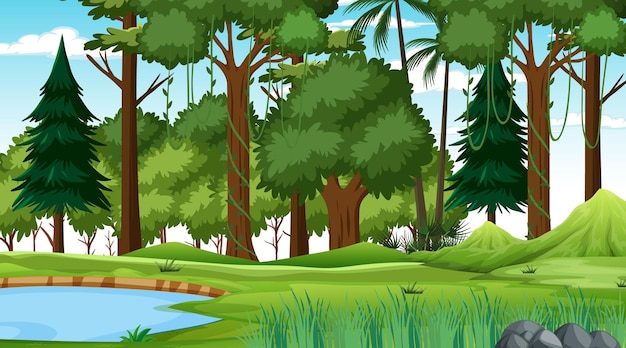 Forest nature scene with pond and many trees at day time