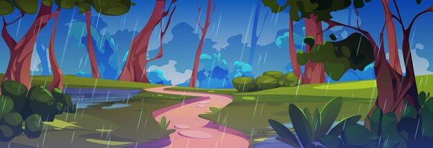 Free vector forest oath and rain nature game cartoon vector landscape summer valley with falling raindrop and splash in puddle water on green grass wild travel environment illustrated weather graphic backdrop