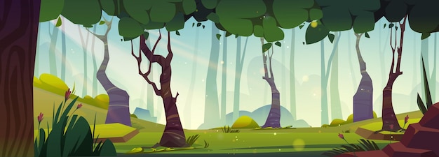 無料ベクター 森林公園自然パノラマ漫画イラスト夏の日差しの光の上に緑の草石の丘と花を持つ空の庭環境の背景魔法のおとぎ話のゲームの場所シーンのベクトル