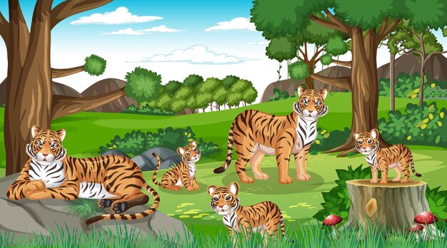 Forest or rainforest scene with tiger family
