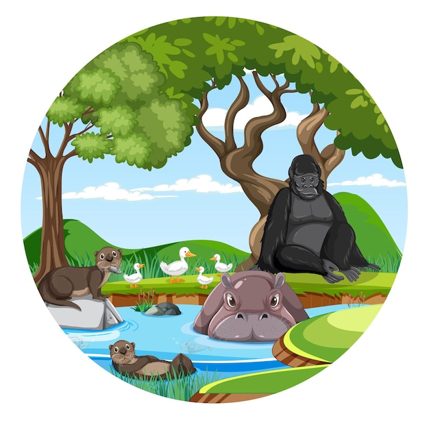 Forest in round shape with wild animals