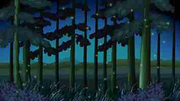 Free vector forest scene at night with fireflies