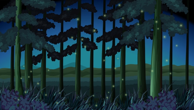 Forest scene at night with fireflies