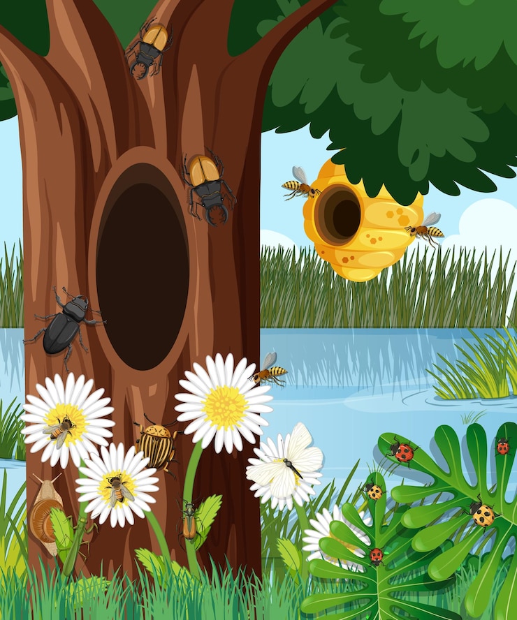 Free Vector forest scene with bee hive and other insects