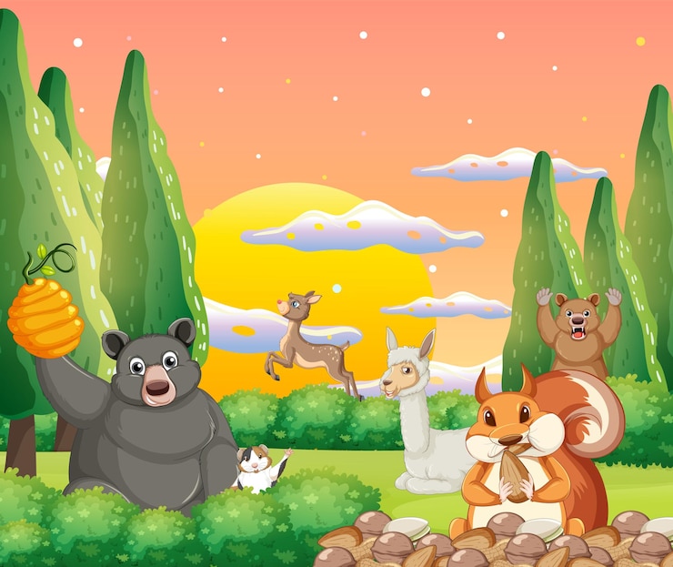 Free Vector forest scene with different kinds of animals