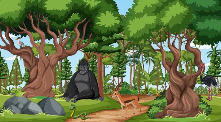 मुफ़्त वेक्टर विभिन्न जंगली जानवरों के साथ वन सीन
